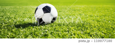 サッカーボールはサッカー競技場の芝生の上に置かれている。バナーに適したパノラマ「AI生成画像」 サッカーボールはサッカー競技場の芝生の上に置かれている。バナーに適したパノラマ「AI生成画像」 110077180