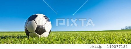 サッカーボールはサッカー競技場の芝生の上に置かれ青空の背景。バナーに適したパノラマ「AI生成画像」 110077183