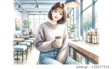 カフェで微笑む女性(イラスト調) カフェで微笑む女性(イラスト調) 110077324