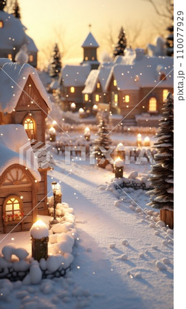 AI-generated content. In foreground, quaint traditional cottage town with snow-covered eaves and warm, inviting glow emanating from its windows. AI-generated content. In foreground, quaint traditional cottage town with snow-covered eaves and warm, inviting glow emanating from its windows. 110077929