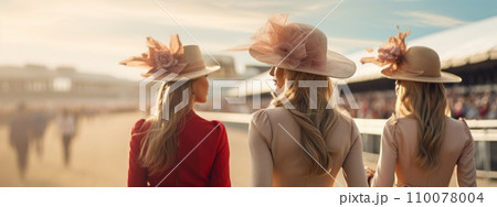 AI-generated content. Back view portrait of three young girls in glamour hats, friends. They have made preliminary bets on match. 110078004