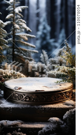 AI-generated content. Round podium for product presentation in snowy winter forest, blank pedestal. Winter body and face care. Platform for product display. Vertical. 110078054