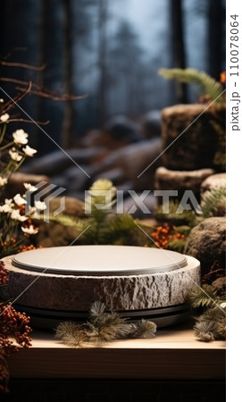 AI-generated content. Round podium for product presentation in snowy winter forest, blank pedestal. Winter body and face care. Platform for product display. Vertical. 110078064