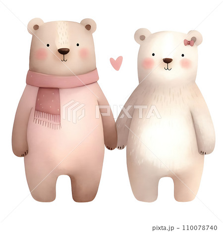 Cute polar bears in warm clothes with hearts. watercolor, ai 110078740