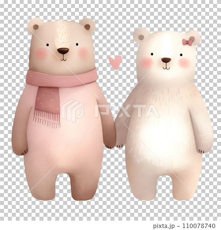 Cute polar bears in warm clothes with hearts. watercolor, ai 110078740