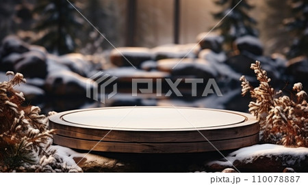 AI-generated content. Round podium for product presentation in snowy winter forest, blank pedestal. Winter body and face care. Platform for product display. 110078887
