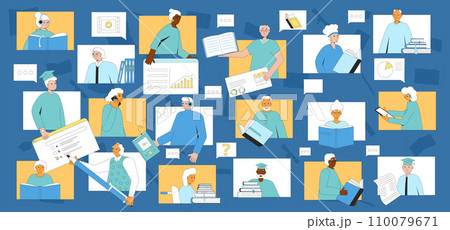 Senior aged people education. Elderly men and women learning online. Older adults students and graduates. Senior aged people education. Elderly men and women learning online. Older adults students and graduates. 110079671