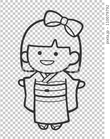 Woman in kimono [monochrome, no background, line drawing] 110079792