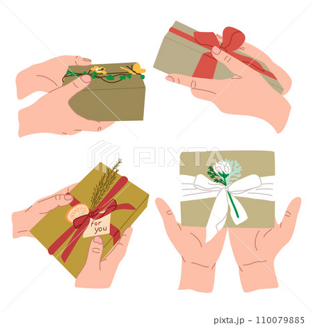 Set of elegant hands with modern gifts on holiday Set of elegant hands with modern gifts on holiday 110079885