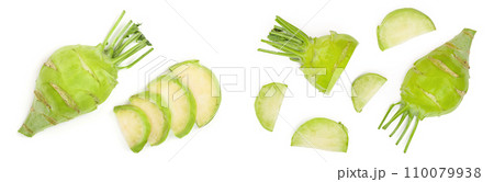 Fresh kohlrabi with green leaves isolated on white backround. Top view. Flat lay 110079938