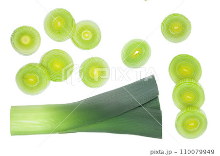 sliced Leek vegetable isolated on white background with copy space for your text. Top view. Flat lay 110079949