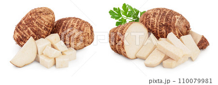 fresh taro root with slices isolated on white background fresh taro root with slices isolated on white background 110079981
