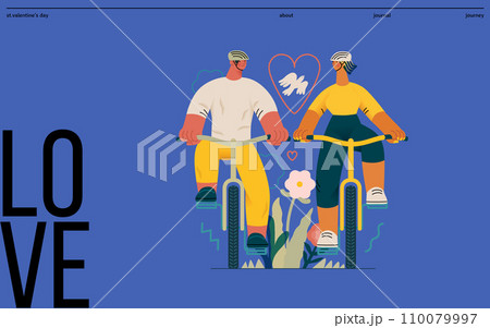 Valentine: Tandem Journey - modern flat vector concept illustration of a couple riding the bicycles together. Metaphor for the synchronized journey of a relationship Valentine: Tandem Journey - modern flat vector concept illustration of a couple riding the bicycles together. Metaphor for the synchronized journey of a relationship 110079997