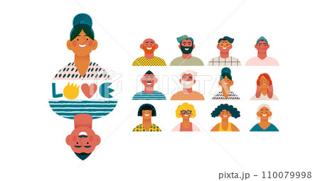 Valentine: Spectrum of Love - modern flat vector concept illustration of a vibrant array of individual portraits celebrating love's diverse expressions. Metaphor for the universal language of love 110079998