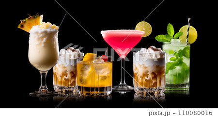 Set and collection of classic alcohol cocktails or mocktail isolated on white background with fresh summer fruits 110080016