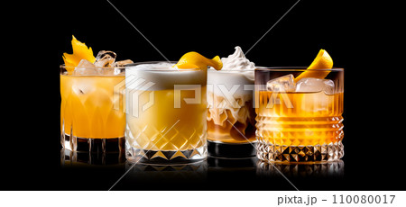 Set and collection of classic alcohol cocktails or mocktail isolated on white background with fresh summer fruits 110080017