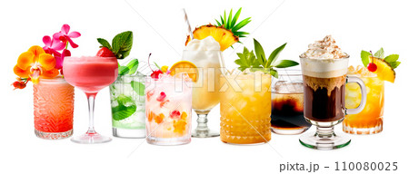 Set and collection of classic alcohol cocktails or mocktail isolated on white background with fresh summer fruits 110080025