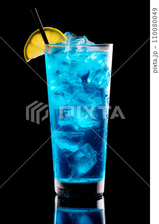 Blue Curacao cocktail garnished with a lime isolated on black background 110080049