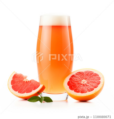 Beer or cider in tall glass with citrus on white background. Mugs with drink like Ipa, Pale Ale, Pilsner, Porter or Stout 110080071