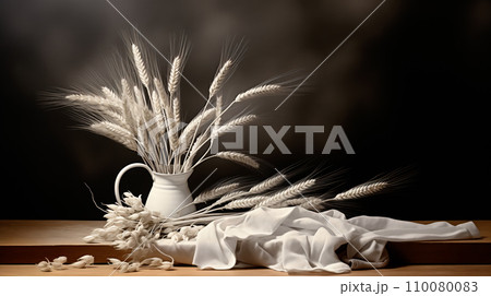 A bunch of wheat is wrapped on a cloth and laid on a table, in the style of black and white still life A bunch of wheat is wrapped on a cloth and laid on a table, in the style of black and white still life 110080083