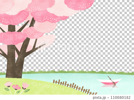 春天背景框架與櫻花樹和水邊簡單的水彩風格自然景觀插畫 春天背景框架與櫻花樹和水邊簡單的水彩風格自然景觀插畫 110080182