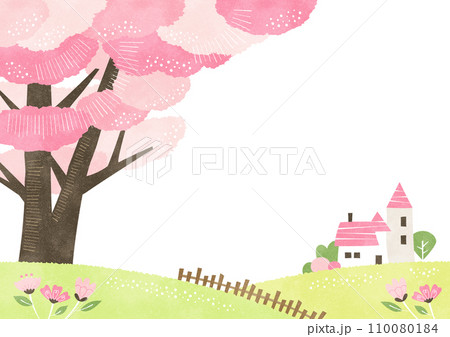桜の木と家の春の背景フレーム シンプルな水彩風の自然風景イラスト 桜の木と家の春の背景フレーム シンプルな水彩風の自然風景イラスト 110080184