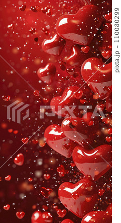 AI-generated content. Red background with hearts for Valentine's Day. Vertical banner or greeting card 110080299