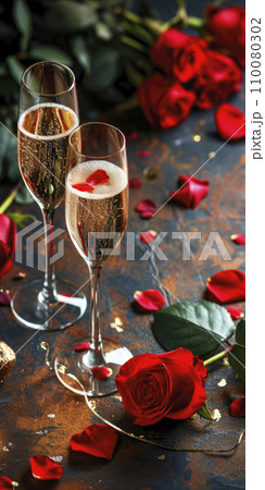 AI-generated content. Valentine's day background with glasses of champagne and roses 110080302