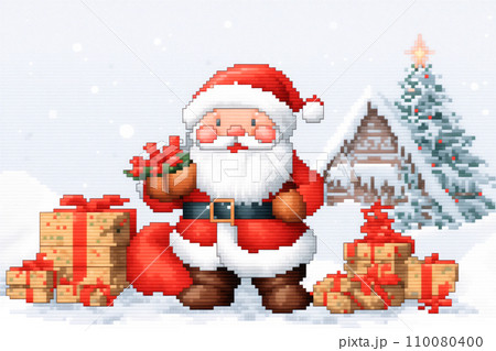 Cross stitch pattern of Santa Claus holding hisのイラスト素材