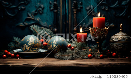 Christmas lights, candles on fireplace, decorative wreath in front of Christmas trees on bokeh and warm brown background 110080406