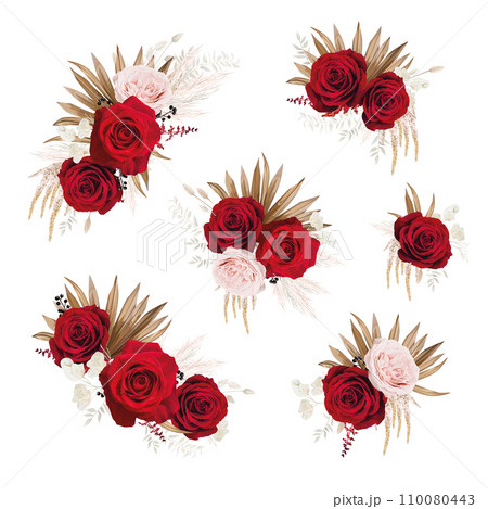 Bohemian, floral bouquet with red roses, pampas grass. Beautiful watercolor style elegant flowers, dry palm leaves editable vector illustration. Wedding invite, greeting, party decorative elements set 110080443