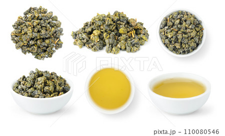 Taiwan Dong Ding Oolong, collection of loose leaves and bowls of brewed oolong tea isolated on white 110080546