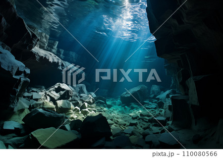 underwater cave with sunlight shining through the water underwater cave with sunlight shining through the water 110080566
