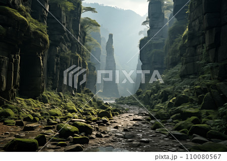 view at the bottom of a mountain gorge with natural stone pillars view at the bottom of a mountain gorge with natural stone pillars 110080567