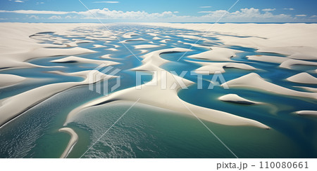 aerial view of lagoons between dunes in desert after rain 110080661