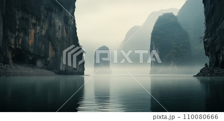 aerial predawn view of the tropical coast with karst limestone islets and cliffs in morning fog 110080666