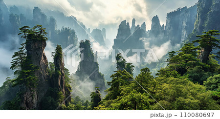 top view of rocky mountain landscape with stone pillars and cliffs in morning fog top view of rocky mountain landscape with stone pillars and cliffs in morning fog 110080697
