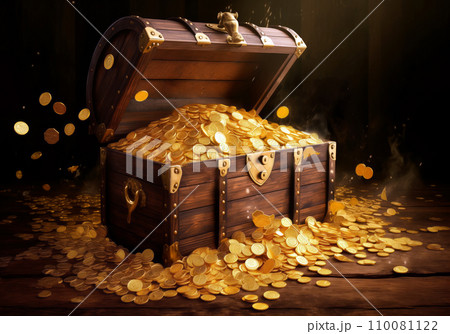 Open treasure chest brimming with gold coins 110081122