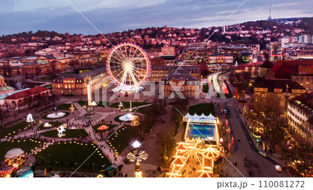 Drone point of view  on Stuttgart Christmas market - on Stuttgart Castle Square. 110081272