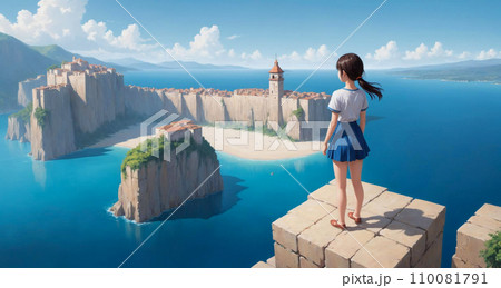 湖を眺める女性[AI生成画像] 110081791