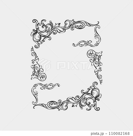 Hand drawn vector abstract outline,graphic,line vintage baroque ornament floral frame in calligraphic elegant modern style.Baroque floral vintage outline design concept.Vector antique frame isolated. 110082168