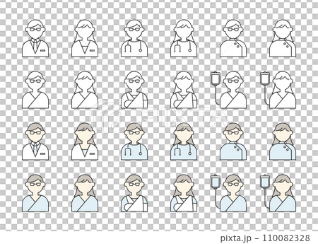 Doctor, patient, person icon illustration set, white coat, doctor, stethoscope, surgical gown, nurse, fracture 110082328