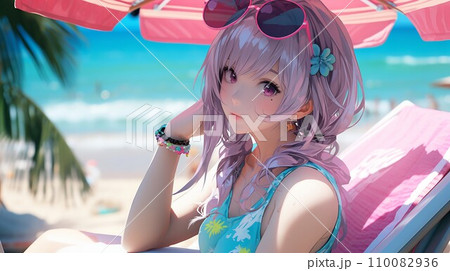 【サマーバケーション】夏の海と少女　女性イラスト素材（AI生成画像） 110082936