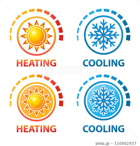 Heating and cooling temperature regulation, hot and cold indicator, sun and snow, climate control icon set. Cooler and heater. Warm, freeze sensor. Winter and summer. Thermometer measure scale vector 110082937