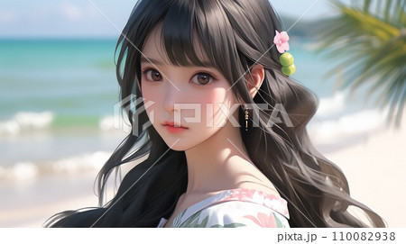 【サマーバケーション】夏の海と少女　女性イラスト素材（AI生成画像） 110082938