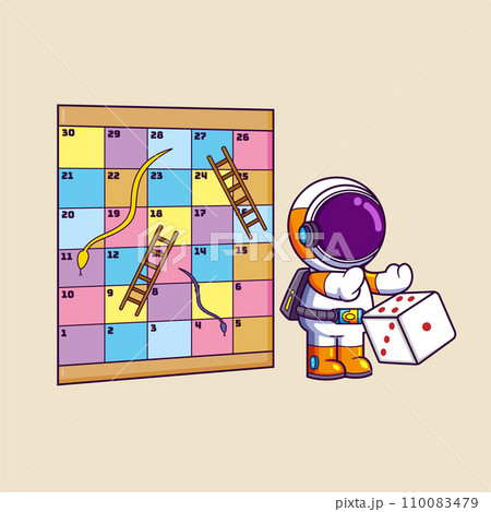Cute Astronaut playing snakes and ladders game by throwing the dice of illustration Cute Astronaut playing snakes and ladders game by throwing the dice of illustration 110083479