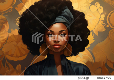 AI-generated content. Illustration portrait of a young African woman with a large, stylish afro and a traditional headwrap against a warm, golden floral background.Black History Month 110083755