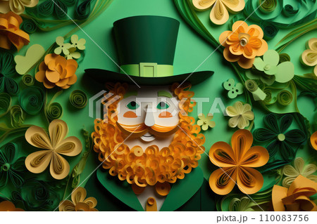 AI-generated content. St. Patrick's paper art portrait with clover and flowers decorations.Greeting card for St. Patrick's Day.advertising 110083756