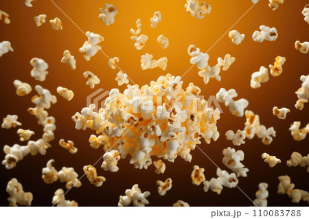 AI-generated content. Burst of popcorn in mid air,with individual kernels perfectly frozen in time on golden background.Fun times at the movies or festive snack at party.For advertising,marketing 110083788