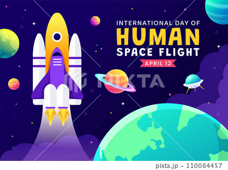 International Day of Human Space Flight Vector Illustration on 12 April with Astronaut Standing on the Moon, Transmitter Satellites and Planets 110084457